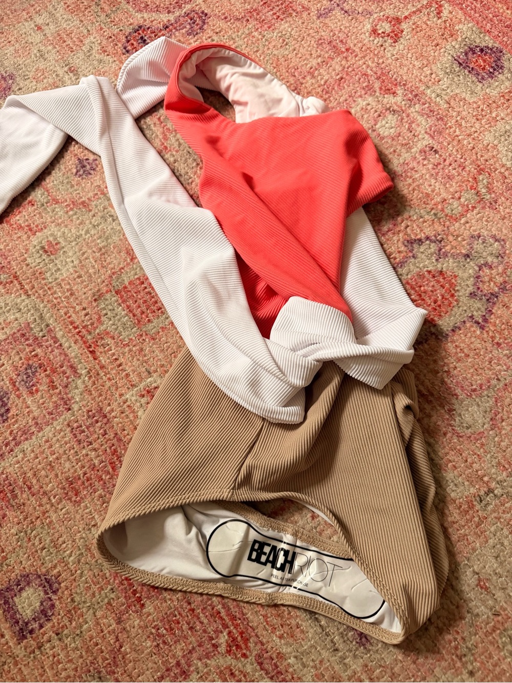 Beach Riot One-Shoulder Colorblock Swimsuit in Coral, White & Tan - Picture 4 of 6